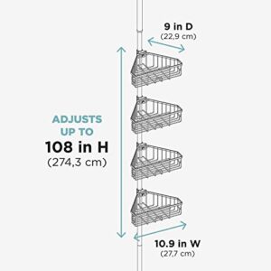 Zenna Home Tension Pole Shower Caddy, 4 Basket Shelves, Adjustable, 60 to 108 Inch, Satin Nickel