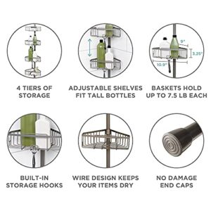 Zenna Home Tension Pole Shower Caddy, 4 Basket Shelves, Adjustable, 60 to 108 Inch, Satin Nickel