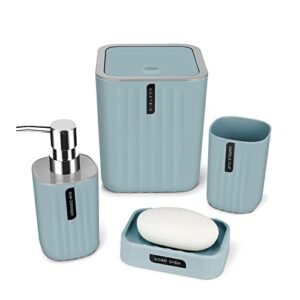 imavo bathroom accessory set,4-piece bathroom decor set,soap dish,soap dispenser,toothbrush cup,mini trash can with lid,bathroom accessories set complete with small desktop trash can(blue)