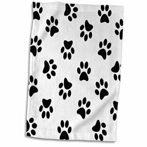 3d rose paw print pattern-black pawprints on white-cute cartoon animal eg dog or cat footprints towel, 15" x 22", multicolor