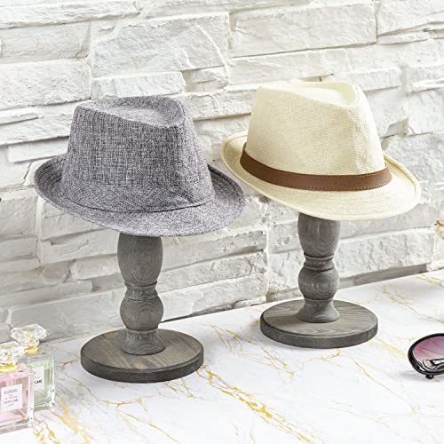 MyGift Weathered Gray Wood Hat Stand, Vintage Design Baseball Cap and Wig Holder Freestanding Tabletop Display Rack, Set of 2