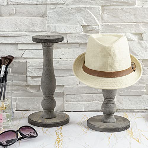 MyGift Weathered Gray Wood Hat Stand, Vintage Design Baseball Cap and Wig Holder Freestanding Tabletop Display Rack, Set of 2