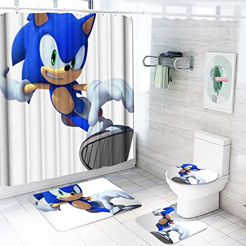 BOABIXA Son.ic The Hedge.hog 4 Piece Shower Curtain Sets, with Non-Slip Rugs, Toilet Lid Cover and Bath Mat, Durable and Waterproof, One size 20220305 0