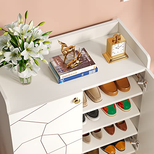 Tribesigns Shoe Cabinet with Doors, White Gold 6-Tiers Shoe Storage Cabinet for Entryway, Modern Free Standing Shoe Cabinet Storage Organizer for Living Room, Bedroom,Closet