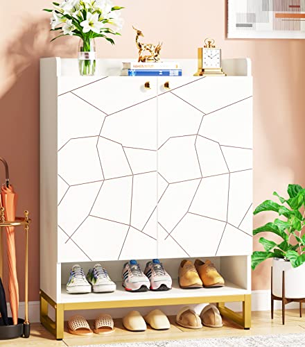 Tribesigns Shoe Cabinet with Doors, White Gold 6-Tiers Shoe Storage Cabinet for Entryway, Modern Free Standing Shoe Cabinet Storage Organizer for Living Room, Bedroom,Closet