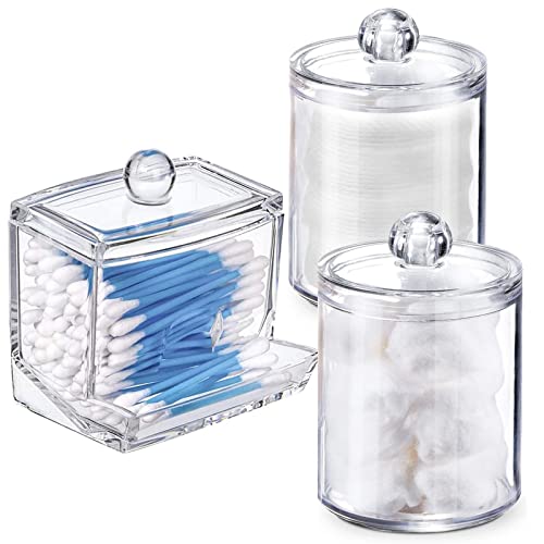 WISIEW Swab Holder Canisters with Lid, Bathroom Qtip Dispenser Apothecary Jars, Clear Plastic Cotton Ball Pad Container for Cotton Swabs, Q-Tips, Make Up Pads, Cosmetics