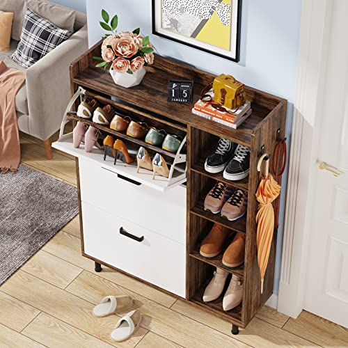Tribesigns Flip Drawers Shoe Cabinet, Freestanding Tipping Bucket Shoes Cabinet Wooden Shoe Rack with 3 Flip Drawers and 5 Tiers Shelves, Shoes Cabinet Organizer for Entryway,Living Room (Brown&White)