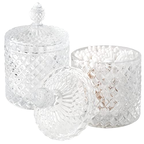 rejomiik 2 Pack Qtip Holder Thick Glass Apothecary Jars with Lid for Bathroom Decor, Clear Cotton Ball Storage Organizer for Cotton Swab, Cotton Rounds, Jewelry, Candy