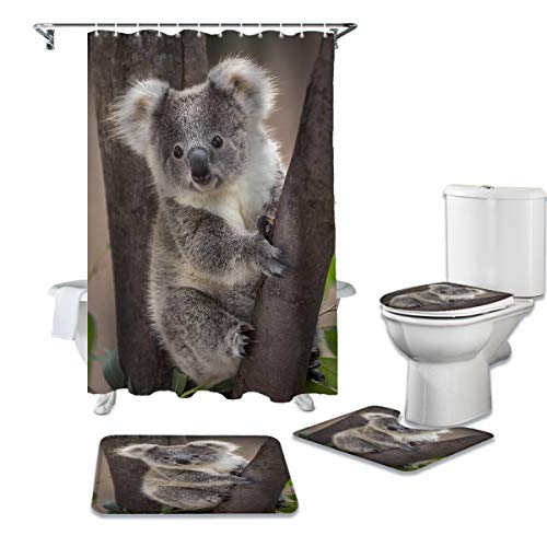 Big buy store 4 Pcs Shower Curtain Sets Cute Koala Bear Waterproof Fabic Bathroom Set with Non-Slip Rugs Toilet Lid Cover Bath Mat, Wild Animals Shower Curtain with Hooks -72x72 inch, Large