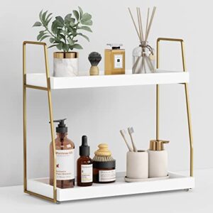 forbena bathroom organizer countertop, counter organizer for bathroom decor, wooden sink organizer shelf for vanity storage, organizer tray for makeup bedroom corner (2 tier, white and gold)
