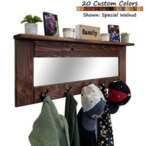 Oxford Farmhouse Wall Hook Coat Rack with Mirror & Shelf, Towel Hook, Purse Hook, Rustic Hook, Key Hooks - 20 Colors, Special Walnut