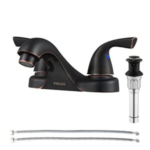 parlos 2-handle low arc bathroom sink faucet with metal pop up drain & supply lines, oil rubbed bronze, cupc nsf lead-free certified, 13590