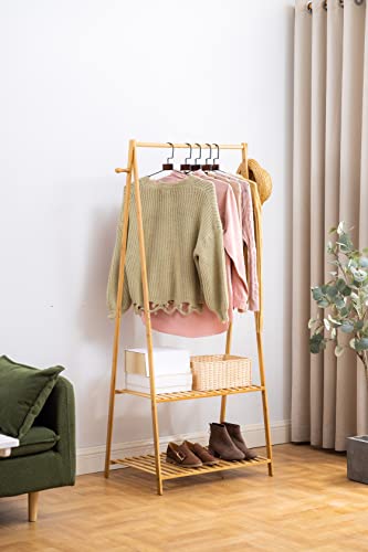 GLISOO Bamboo Garment Rack, 2-Tier,100% Bamboo Garment Rack with Top Hanging Rod and Bottom Storage Shelves, Indoor Plant Stand, Freestanding Clothes Hanging Rack, (Natural)