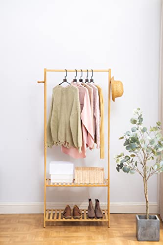 GLISOO Bamboo Garment Rack, 2-Tier,100% Bamboo Garment Rack with Top Hanging Rod and Bottom Storage Shelves, Indoor Plant Stand, Freestanding Clothes Hanging Rack, (Natural)