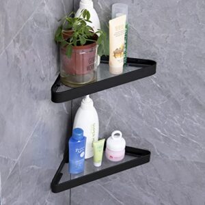 LOREAD 2-Layer Glass Corner Shelf Bathroom Wall Shelf, Tempered Glass Bathroom Floating Shelves Wall-Mounted, Shower Storage Organizer Rack (Black-Triangle)