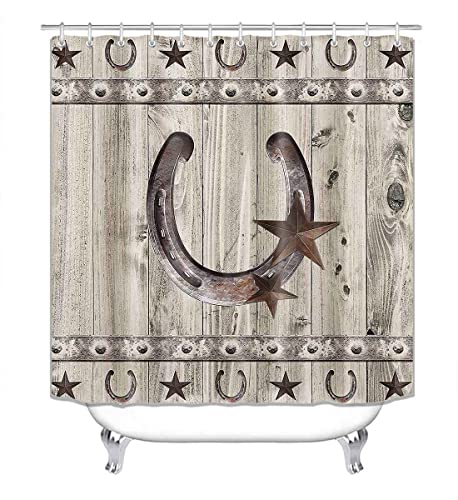 Camille&Andrew 4PCS Western Shower Curtain Set, Horseshoe Texas Star Barn Star Wooden Barn Door Country Rustic Farmhouse Bathroom Decor, Waterproof Fabric Shower Curtain, Non-Slip Bath Mat Toilet Rug