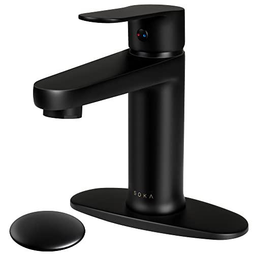 SOKA Brass Bathroom Faucet Matte Black Bathroom Sink Faucet Black with Pop-up Sink Drain Stopper & Deck Plate 1 or 3 Hole Bathroom Faucet Single Handle Bathroom Faucet Single Hole RV Bathroom Faucet