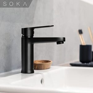 SOKA Brass Bathroom Faucet Matte Black Bathroom Sink Faucet Black with Pop-up Sink Drain Stopper & Deck Plate 1 or 3 Hole Bathroom Faucet Single Handle Bathroom Faucet Single Hole RV Bathroom Faucet