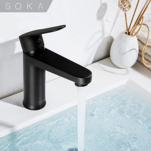 SOKA Brass Bathroom Faucet Matte Black Bathroom Sink Faucet Black with Pop-up Sink Drain Stopper & Deck Plate 1 or 3 Hole Bathroom Faucet Single Handle Bathroom Faucet Single Hole RV Bathroom Faucet