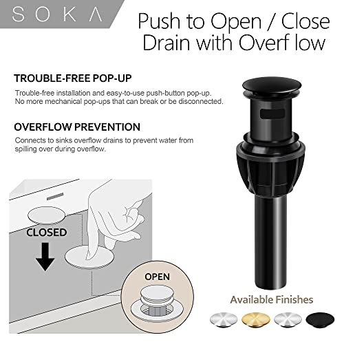 SOKA Brass Bathroom Faucet Matte Black Bathroom Sink Faucet Black with Pop-up Sink Drain Stopper & Deck Plate 1 or 3 Hole Bathroom Faucet Single Handle Bathroom Faucet Single Hole RV Bathroom Faucet