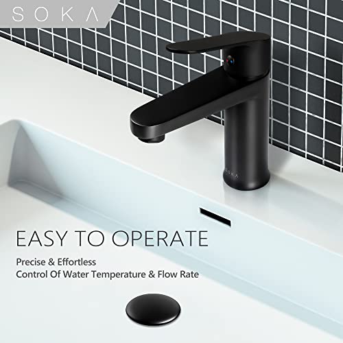 SOKA Brass Bathroom Faucet Matte Black Bathroom Sink Faucet Black with Pop-up Sink Drain Stopper & Deck Plate 1 or 3 Hole Bathroom Faucet Single Handle Bathroom Faucet Single Hole RV Bathroom Faucet