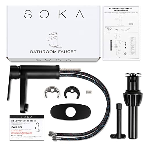 SOKA Brass Bathroom Faucet Matte Black Bathroom Sink Faucet Black with Pop-up Sink Drain Stopper & Deck Plate 1 or 3 Hole Bathroom Faucet Single Handle Bathroom Faucet Single Hole RV Bathroom Faucet