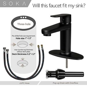 SOKA Brass Bathroom Faucet Matte Black Bathroom Sink Faucet Black with Pop-up Sink Drain Stopper & Deck Plate 1 or 3 Hole Bathroom Faucet Single Handle Bathroom Faucet Single Hole RV Bathroom Faucet