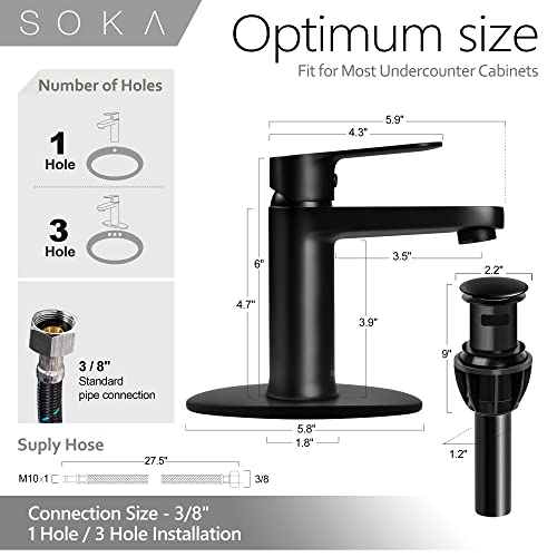 SOKA Brass Bathroom Faucet Matte Black Bathroom Sink Faucet Black with Pop-up Sink Drain Stopper & Deck Plate 1 or 3 Hole Bathroom Faucet Single Handle Bathroom Faucet Single Hole RV Bathroom Faucet