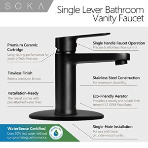 SOKA Brass Bathroom Faucet Matte Black Bathroom Sink Faucet Black with Pop-up Sink Drain Stopper & Deck Plate 1 or 3 Hole Bathroom Faucet Single Handle Bathroom Faucet Single Hole RV Bathroom Faucet