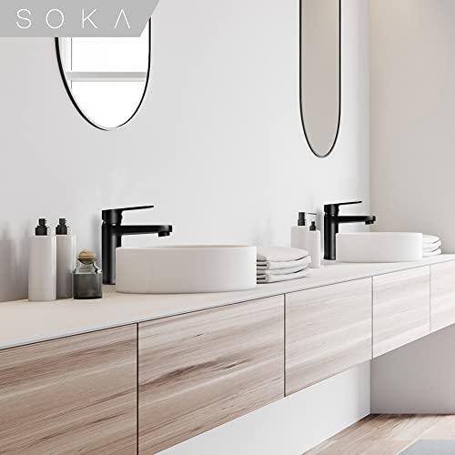 SOKA Brass Bathroom Faucet Matte Black Bathroom Sink Faucet Black with Pop-up Sink Drain Stopper & Deck Plate 1 or 3 Hole Bathroom Faucet Single Handle Bathroom Faucet Single Hole RV Bathroom Faucet