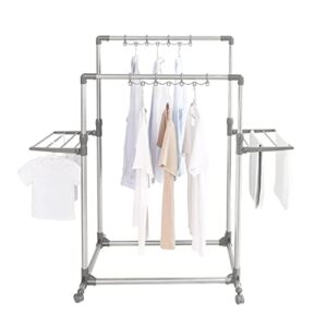 hershii rolling garment racks for hanging clothes heavy duty clothing drying rack double rails laundry hanger storage organizer with foldable shelves & windproof hooks - height adjustable