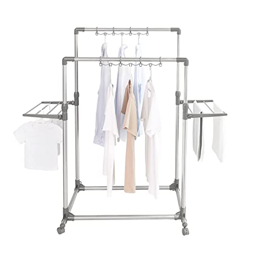 Hershii Rolling Garment Racks for Hanging Clothes Heavy Duty Clothing Drying Rack Double Rails Laundry Hanger Storage Organizer with Foldable Shelves & Windproof Hooks - Height Adjustable