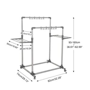 Hershii Rolling Garment Racks for Hanging Clothes Heavy Duty Clothing Drying Rack Double Rails Laundry Hanger Storage Organizer with Foldable Shelves & Windproof Hooks - Height Adjustable