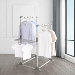 Hershii Rolling Garment Racks for Hanging Clothes Heavy Duty Clothing Drying Rack Double Rails Laundry Hanger Storage Organizer with Foldable Shelves & Windproof Hooks - Height Adjustable