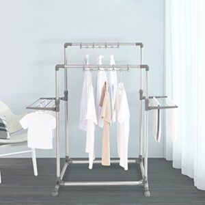 Hershii Rolling Garment Racks for Hanging Clothes Heavy Duty Clothing Drying Rack Double Rails Laundry Hanger Storage Organizer with Foldable Shelves & Windproof Hooks - Height Adjustable