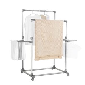 Hershii Rolling Garment Racks for Hanging Clothes Heavy Duty Clothing Drying Rack Double Rails Laundry Hanger Storage Organizer with Foldable Shelves & Windproof Hooks - Height Adjustable