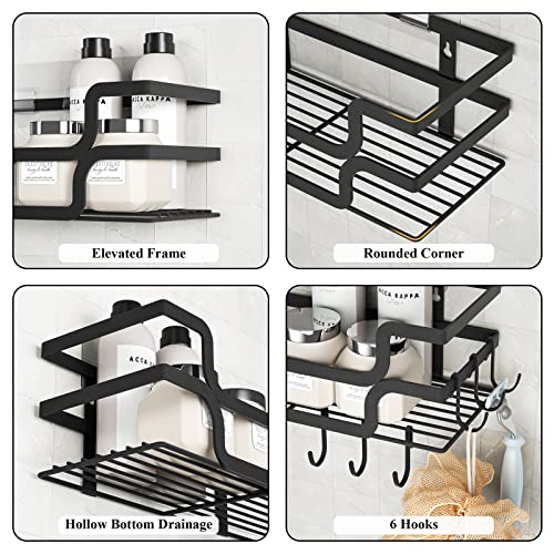 Auslar Shower Caddy, Shower Shelves, Shower Shelves for Inside Shower, Large Capacity Bathroom Shower Organizer with 6 Removable Hooks, Rustproof Stainless Steel, Self Adhesive Shower Shelves, Black