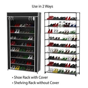 Lavish Home Shoe Storage Rack – 9-Tier Shoe Rack with Cover for Dust and Metal Frame – Freestanding Vertical Shoe Storage Cabinet Organizer (Black)