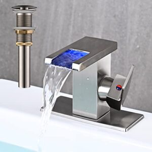 avsiile led bathroom sink faucet, brushed nickel waterfall single hole handle rv bath vanity faucets for sinks 1 hole with metal pop up drain and 2 water supply lines, side handle