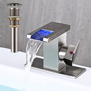 AVSIILE LED Bathroom Sink Faucet, Brushed Nickel Waterfall Single Hole Handle RV Bath Vanity Faucets for Sinks 1 Hole with Metal Pop Up Drain and 2 Water Supply Lines, Side Handle