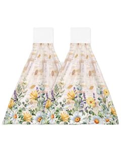flower daisy kitchen hand towel, soft hanging dish towels with loop for bathroom, absorbent drying cleaning cloth dishclothes decorative sets, vintage yellow lavender eucalyptus floral plant 2-pc
