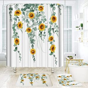 mightree shower curtain set of 4, waterproof fabric bathroom curtain with 12 hooks, toilet lid cover and bath mat, non-slip rug foot mat, sunflowers, medium