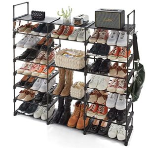 exq home black metal shoe rack for closet,8 tiers free standing shoe racks for entryway with side hooks,50 pairs shoe rack and boots shelf, tall shoe organizer for college dorm, door and garage