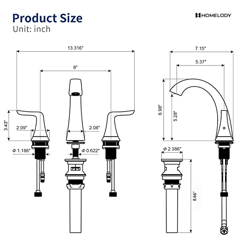 Bathroom Faucet Brushed Nickel,Widespread Bathroom Faucet for 3 Hole,Bathroom Sink Faucet 2 Handles Vanity Faucet,HOMELODY Lavatory Faucet 8 Inch with Pop Up Drain