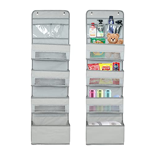 Gengxin Over The Door Hanging Organizer with 4-Large Pocket and 2-Small Packet for Nursery Closet Storage, Pantry, Bedroom,Kitchen, Wall Mount Storage with Clear Window Pocket & 2 Hooks (1Pack, Grey)