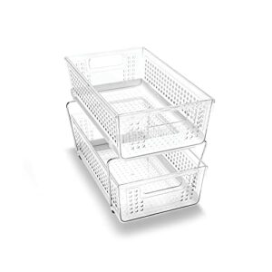 madesmart 2-tier plastic multipurpose organizer with divided slide-out storage bins, under sink and cabinet organizer rack, clear
