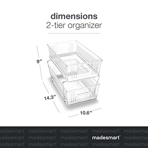 Madesmart 2-Tier Plastic Multipurpose Organizer with Divided Slide-Out Storage Bins, Under Sink and Cabinet Organizer Rack, Clear