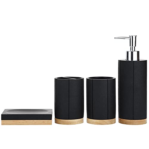 MyGift 4 Piece Modern Black & Natural Acacia Wood Bathroom Accessories Set Includes Soap Dish, Tumbler, Toothbrush Holder & Pump Dispenser