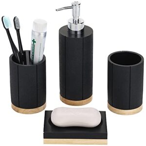 mygift 4 piece modern black & natural acacia wood bathroom accessories set includes soap dish, tumbler, toothbrush holder & pump dispenser