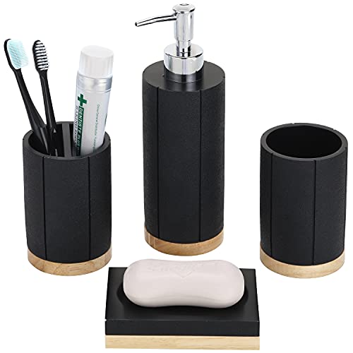 MyGift 4 Piece Modern Black & Natural Acacia Wood Bathroom Accessories Set Includes Soap Dish, Tumbler, Toothbrush Holder & Pump Dispenser